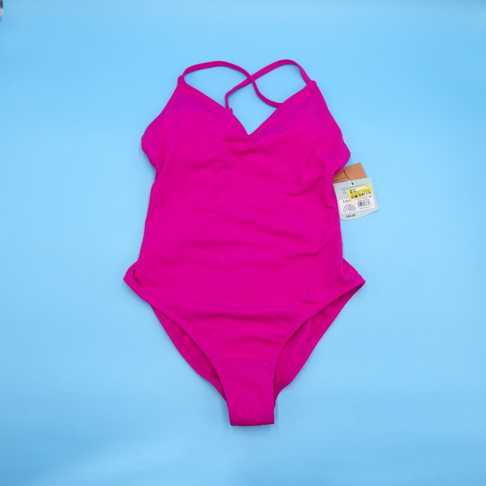 Shade & Shore One Piece Swimsuit Women Small Pink Textured Cross Back Polyester